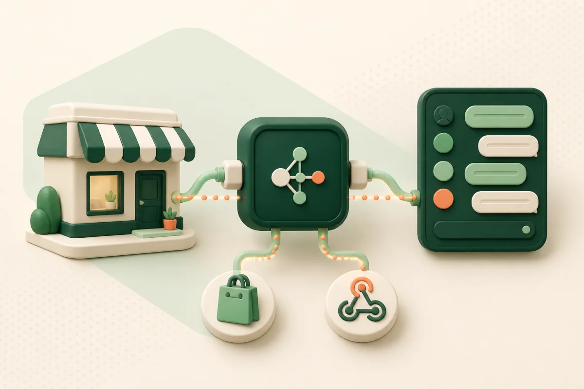 A storefront connected to a customer messaging inbox through an integration hub